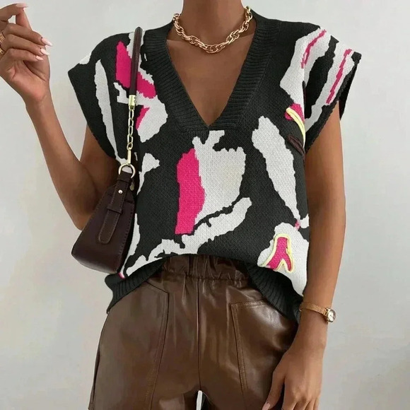 Sweaters - Multicolor Casual Women's Full Print V-Neck Loose Knitted Sweater Vest